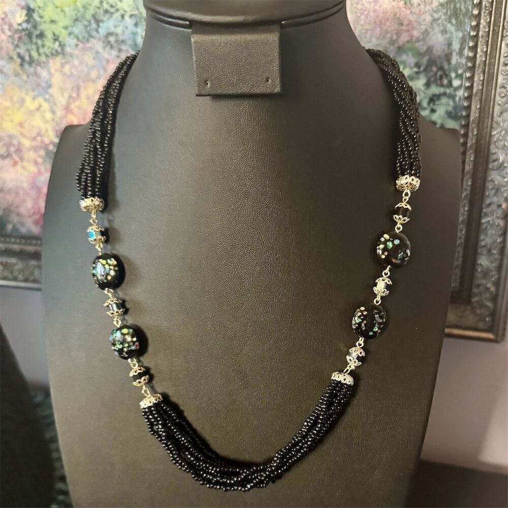 Vintage Multi-Strand Black Beaded Necklace with Art Glass Accents marked Japan